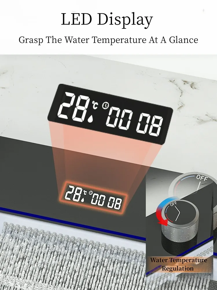 Zlew kuchenny ze stali nierdzewnej 304, podwójny wodospad, pojedyncze gniazdo, zintegrowany cyfrowy wyświetlacz, zestaw kranów, dozownik mydła,