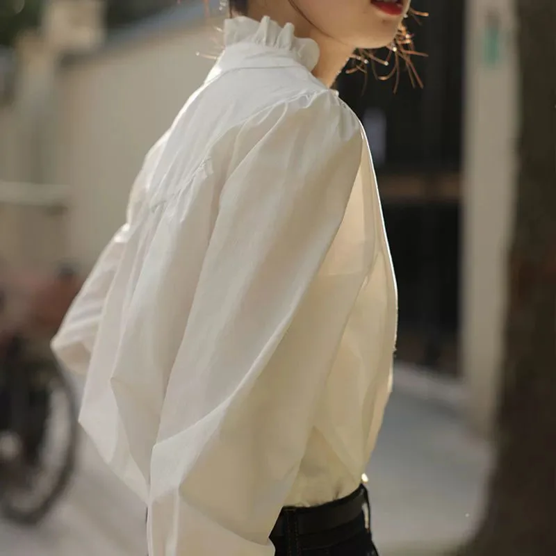 Spring Summer Women Shirts Fashion Stand Collar Ruffles Chiffon Blouses Ladies Elegant French Style Longn Sleeved White Shirts