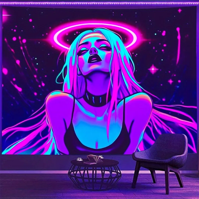 Neonfarbenes Muster Cyber Girl Fluoreszierender UV-Wandteppich für drinnen und draußen, Familienspiele, Club-Party-Dekoration