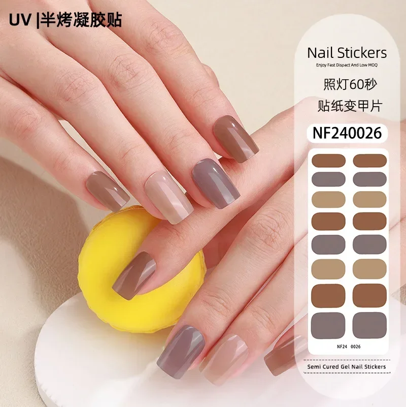 16 Strips Semi Cured Gel Nail Stickers Set for UV Lamp Full Cover Solid color Manicure DIY Women Fashion Gel Nail Patch