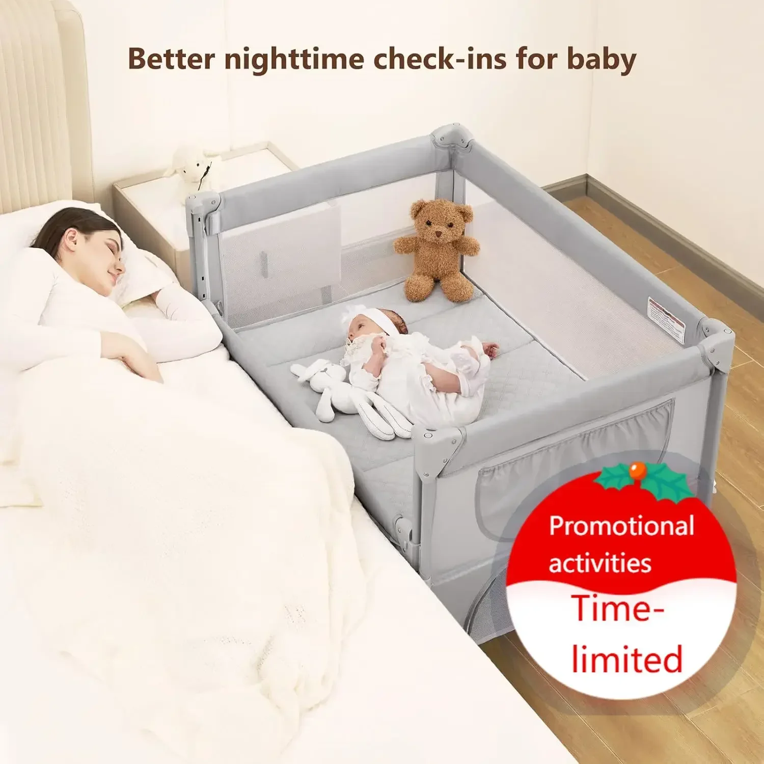 

Baby Bassinet Bedside Crib, Pack and Play with Mattress, Diaper Changer, One-Push Setup Playards from Infants to Toddlers (Grey)