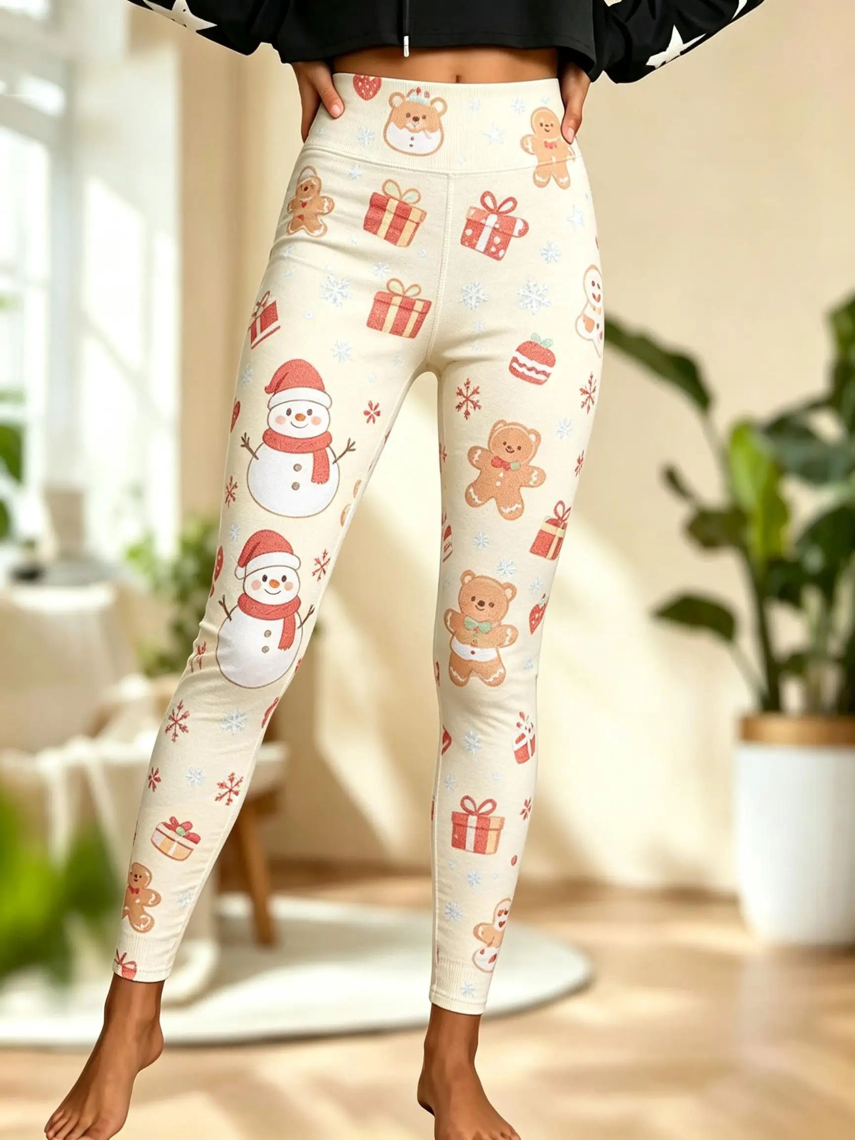 Women Fleece‑Lined Mid‑Rise Leggings Christmas Gingerbread Man Train Gift Box Print Slim Warm Pants - view 2