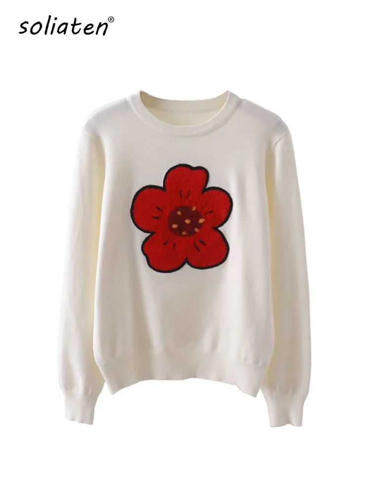 Fall Floral Embroidery Sweater Women Sweet Long Sleeve Knitted Pullover Vintage Sweater Chic Tops C-319