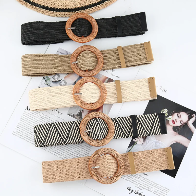 Korean Fashion Women Grass-like Belts Woven Wide Simple Round Button Belt Cotton Linen Elastic Woven High Elastic Dress Belt