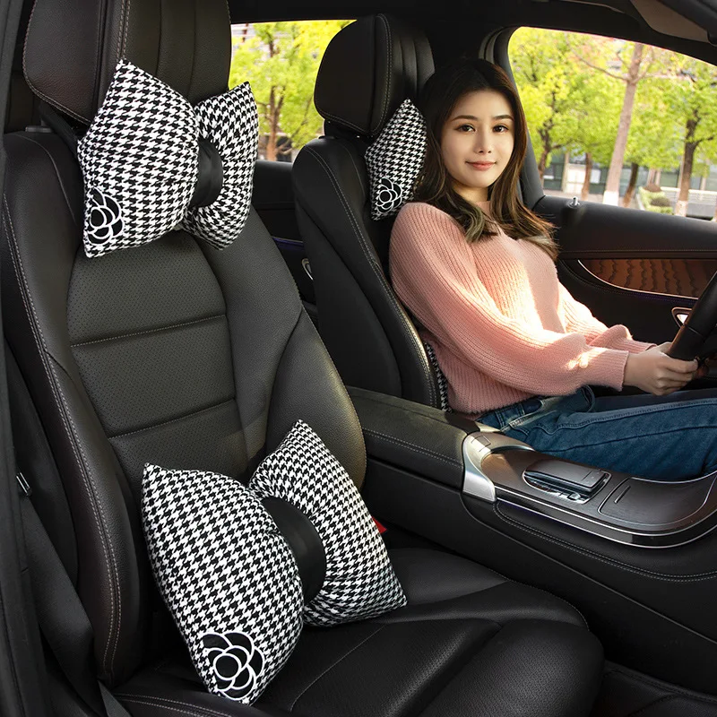 Fashion Ladies Car Neck Pillow Universal Waist Support Houndstooth Bow Car Headrest Lumbar Neck Pillow Creative Car Seat Pillow