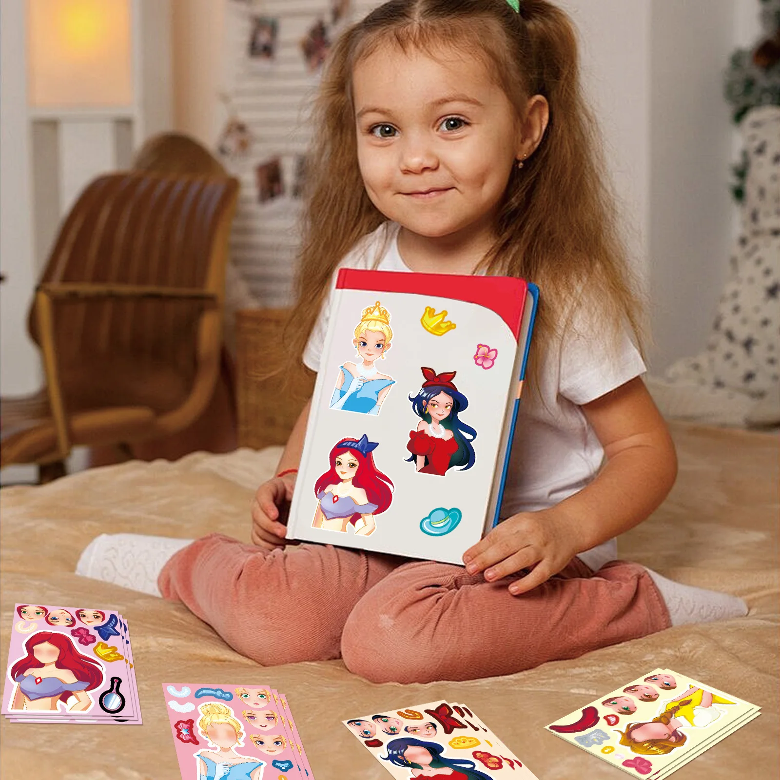 8/16 fogli Principessa dei cartoni animati Crea una faccia Adesivi puzzle I bambini rendono il tuo gioco fai da te Regalo giocattolo educativo puzzle per bambini