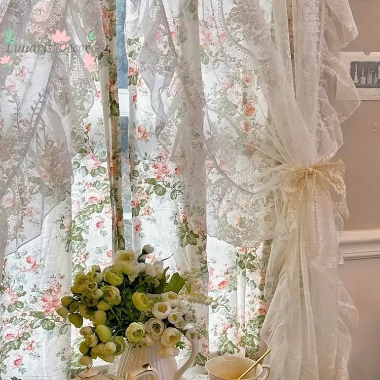 Pastoral style double-sheer integrated floral print, translucent but not see-through, curtains that separate half the curtain