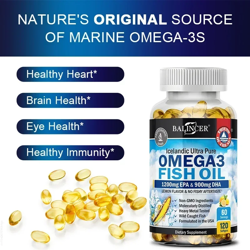 Premium Deep Sea Fish Oil Supplement with DHA & EPA Omega 3 Fish Oil Capsules To Improve Brain, Eyes, Heart Health, and Immunity