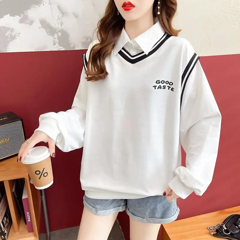 Harajuku Letter Print Sweatshirt Patchwork Women Clothes Autumn Winter Preppy Style Long Sleeve Top Black White Green Oversized