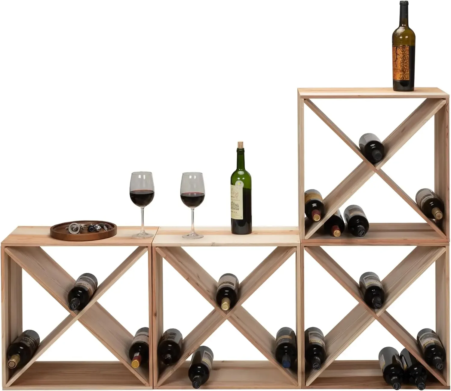 

Set Of 4 Wine Rack Solid Wood Bottle Holder Wine Storage Cellar Stackable Tabletop Bar Kitchen Champagne Decor
