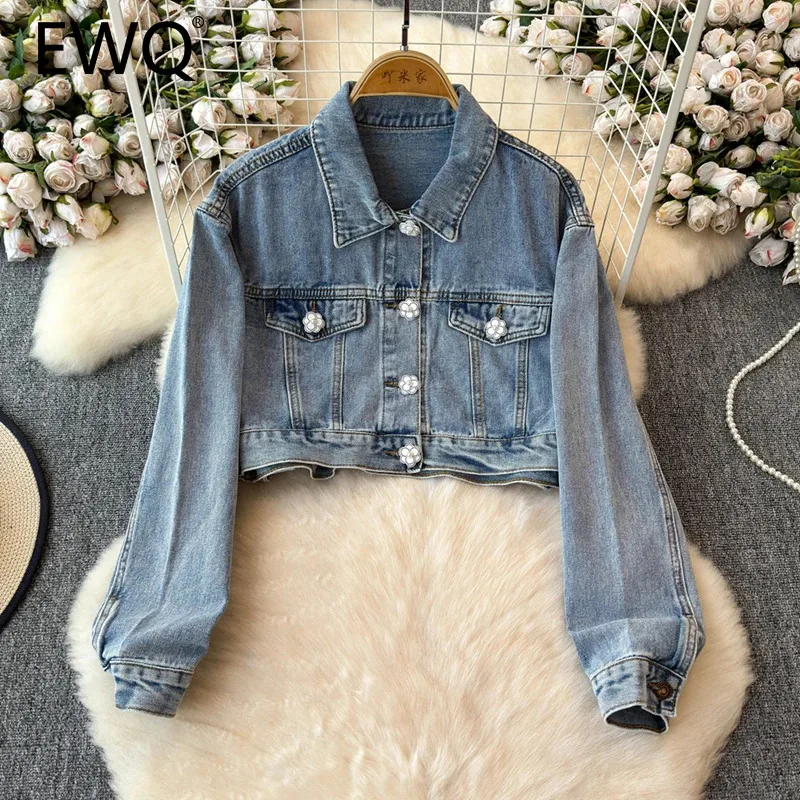 

EWQ Pocket Design Denim Short Coat Women Versatile 2024 Autumn New Lapel Collar Long Sleeve Single Breast Loose Clothing 27X931