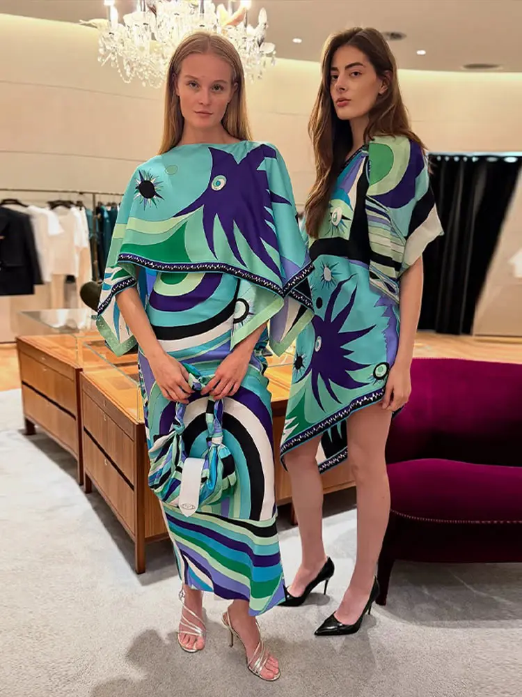 Bedruckter Cape-Langrock-Anzug für Damen, elegante Oberteile mit O-Ausschnitt und unregelmäßigem Saum, A-Linien-Röcke mit hoher Taille, schicke Partykleidung für Damen, neue Strandkleidung – Detail 33