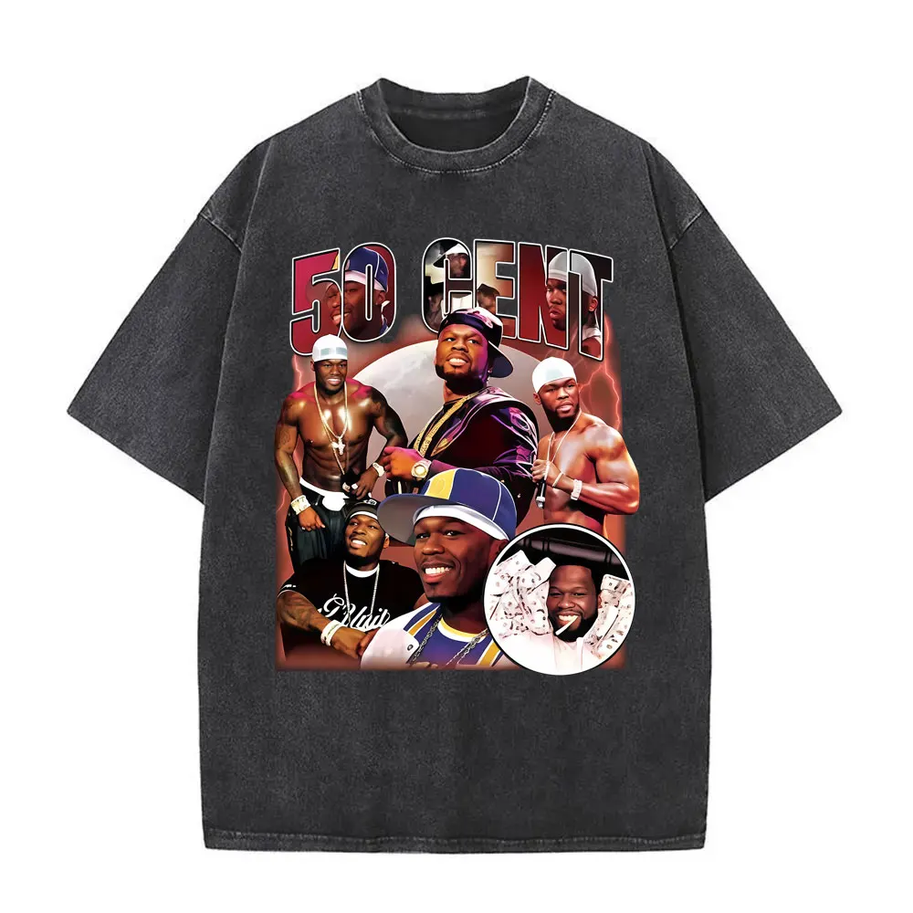 

Limited Rapper 50 Cent Washed Vintage T-shirt Summer Men Women Hip Hop Retro Oversized Streetwear Male Fashion Trend Tshirt Tops