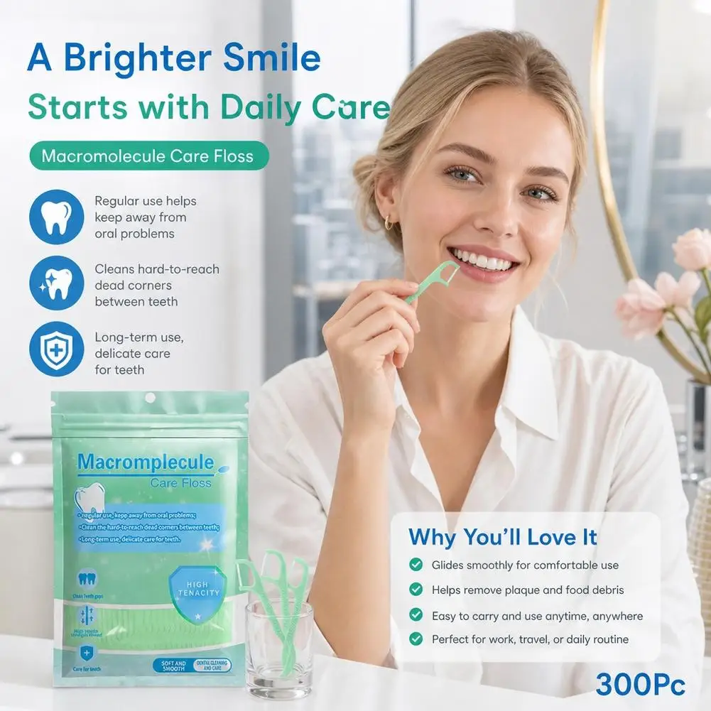 300Pcs Mint Flavored Disposable Dental Floss Picks High Tensile Round Wire Anti‑Slip Handle Dual‑Use Toothpick Resealable Bag