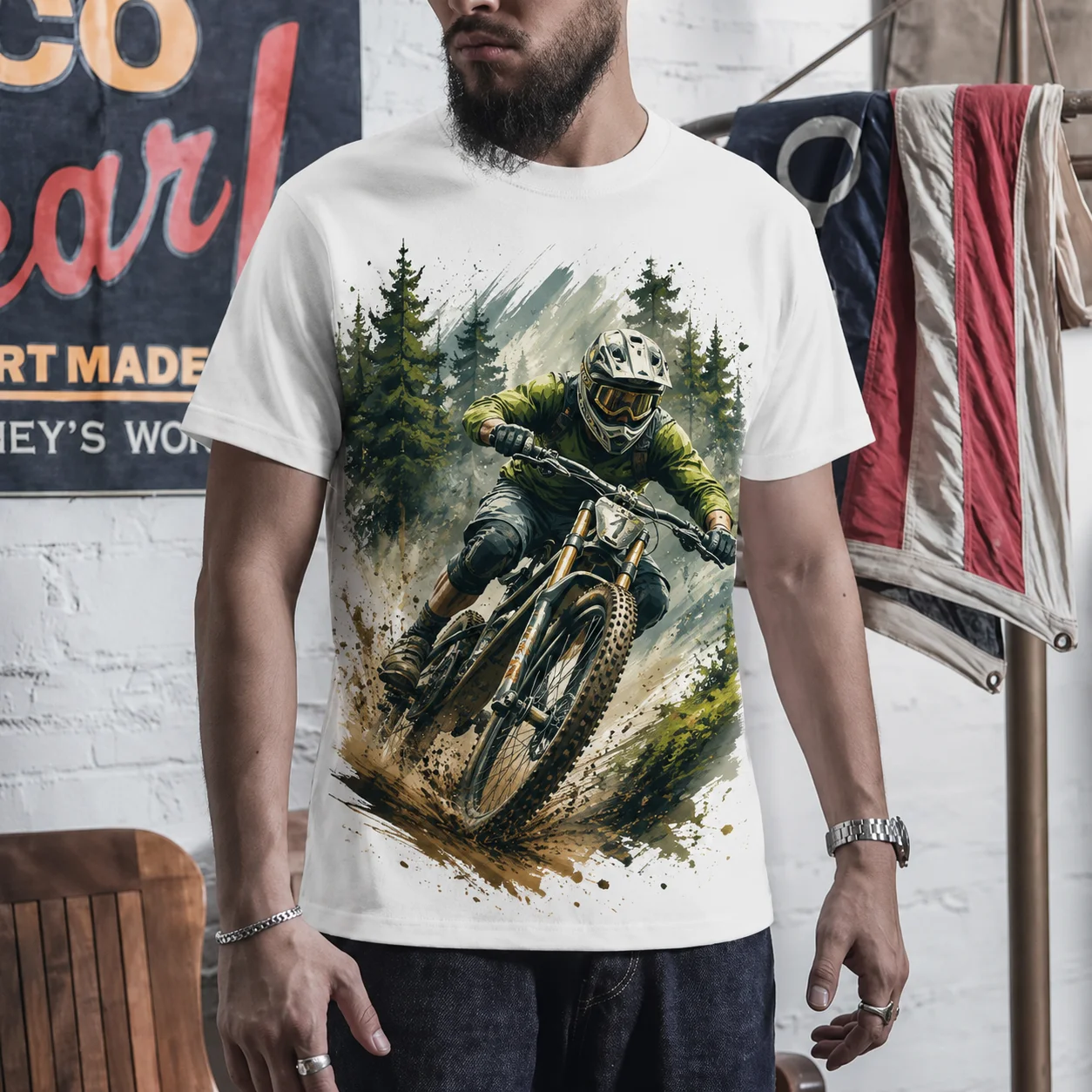 Men’s Mountain Bike Graphic T Shirt Forest Downhill Rider Watercolor Print Short Sleeve Crew Neck Casual Sports Cycling Tee