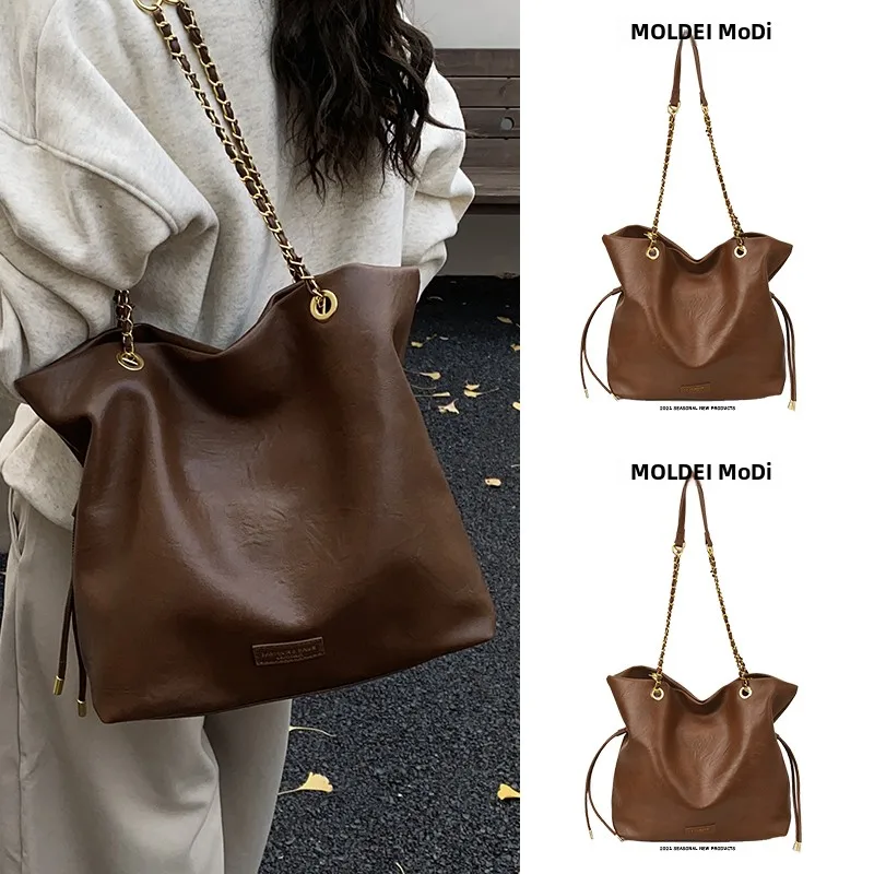 

Осенне-зимняя модная женская сумка-ведро большой вместимости с цепочкой на плечо, ретро-стиль, коричневый цвет, для поездок на работу