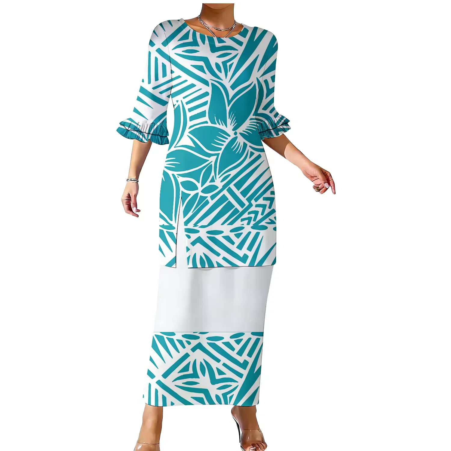 

Ladies Dress Puletasi Samoan Ptaha Dress Double Layered Sleeve Design Dress Polynesian Style Design Hawaii Dress Two Piece