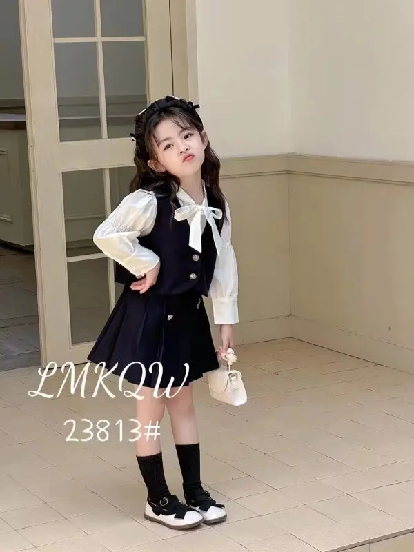 3-Pieces Girls Skirt Suit Cute Girls Bow shirt Top+Vest+Skirts 1-8 Years Old Children Princess Dress Party Clothes