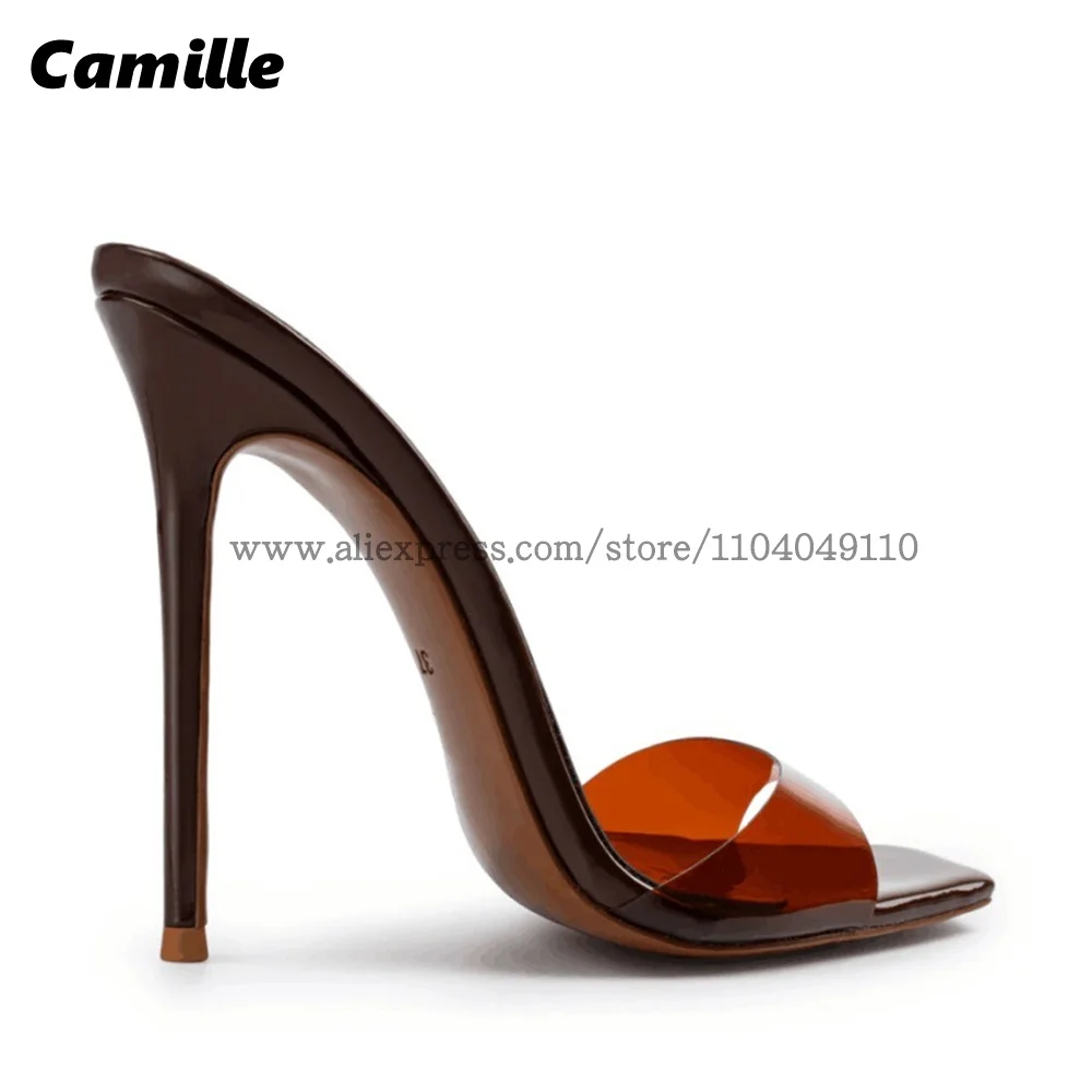 Reddish Brown One Word Belt Sexy Stiletto High Heels Glossy Translucent Sexy Party Sandals Large Size Open Toe 12CM Heel Shoes