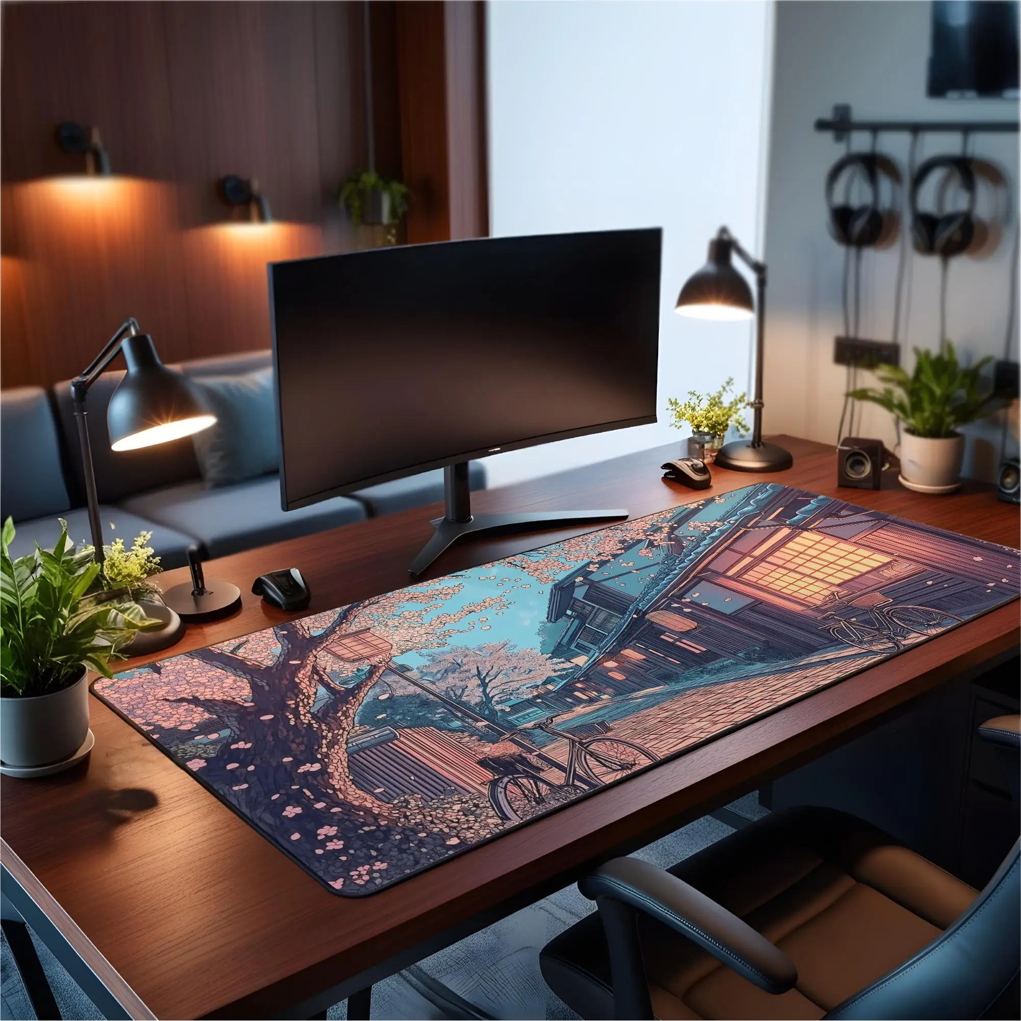 Japanese-style Street Scene Desk Mats, Cherry Blossom Mouse Pad, Beautiful Cherry Blossom Deskmat, Traditional Village Game Mat