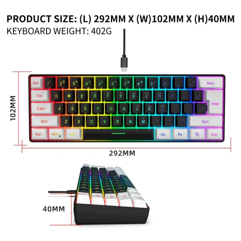 Mouse dan Keyboard 60%, set Kombo permainan komputer pc kabel lampu latar, kit mouse kantor ergonomis teclado