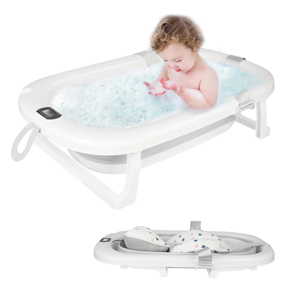 Bañera Plegable Grande con Termómetro de Agua, Cojín, Bañera para Bebé con Asa de Ducha, Bañera Plegable para Bebés de 0 a 6 Años, 76X45X18 cm, rosa/gris/verde/azul