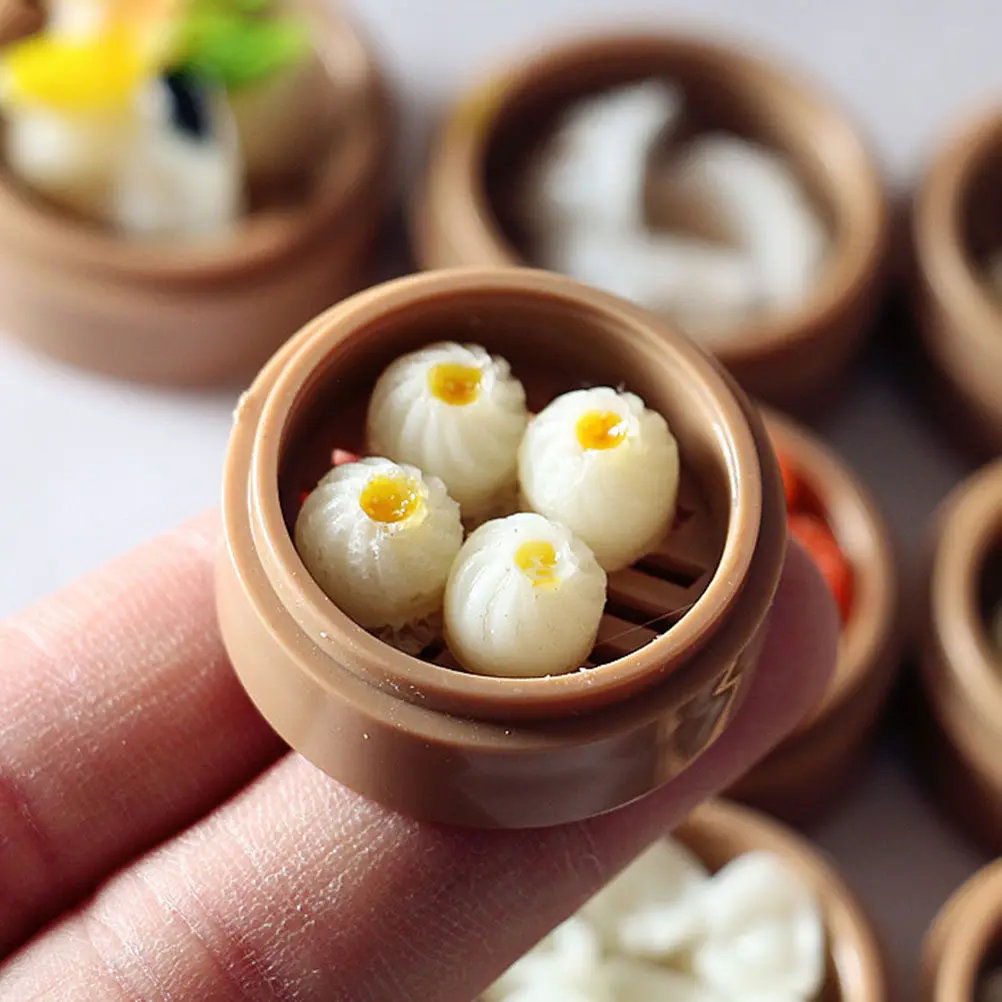 Mini Steamer Food Model 3 Piece Realistic Resin Figurines for Miniature Landscape Decor Photography Props