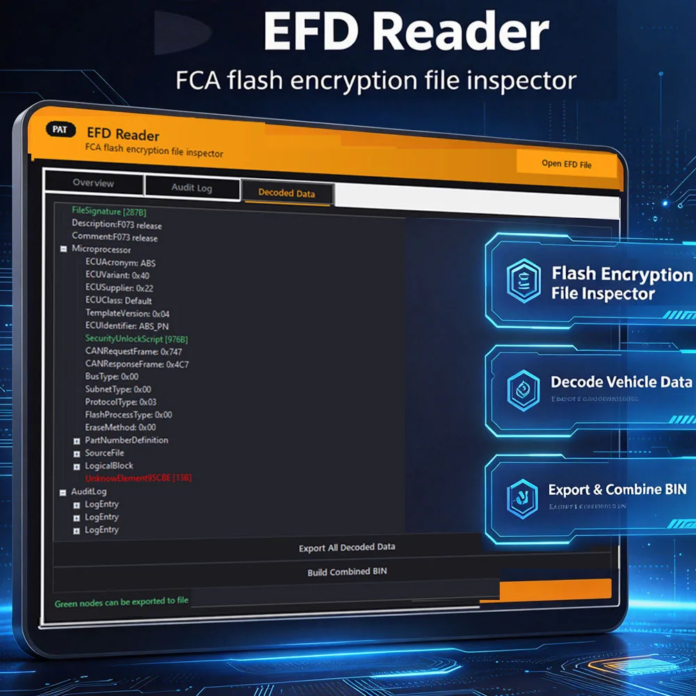 New version 2026 EFD Reader FCA Flash Encryption File Inspector Bin Tool Export All Decoded & Data Build Combined BIN