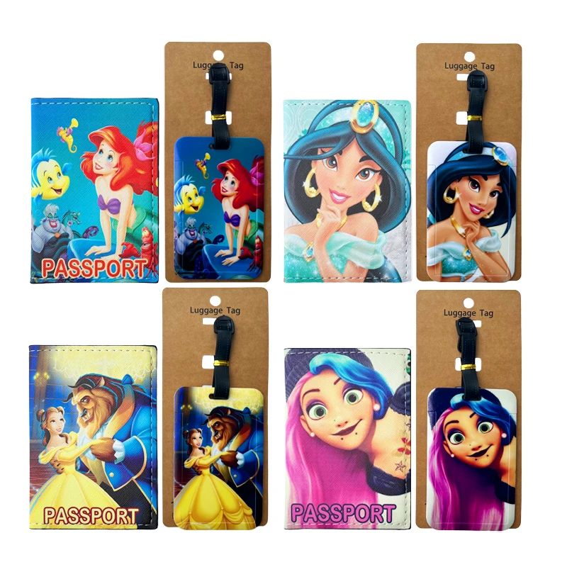 1 set porta passaporto Disney Princess e etichette per bagagli copertina per passaporto da viaggio etichetta per bagagli porta carte d\'identità