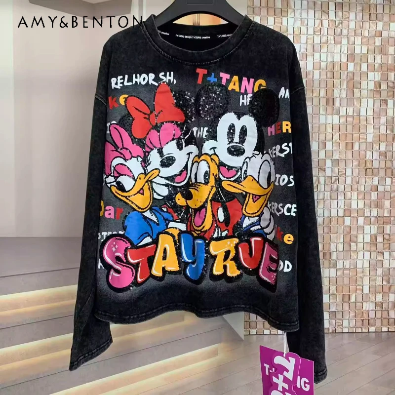 2025 Autumn Winter New Fashion Heavy Cartoon Loose Long Sleeves Sweatshirt Short Round Neck Pullover Women's Kawaii Top Clothes