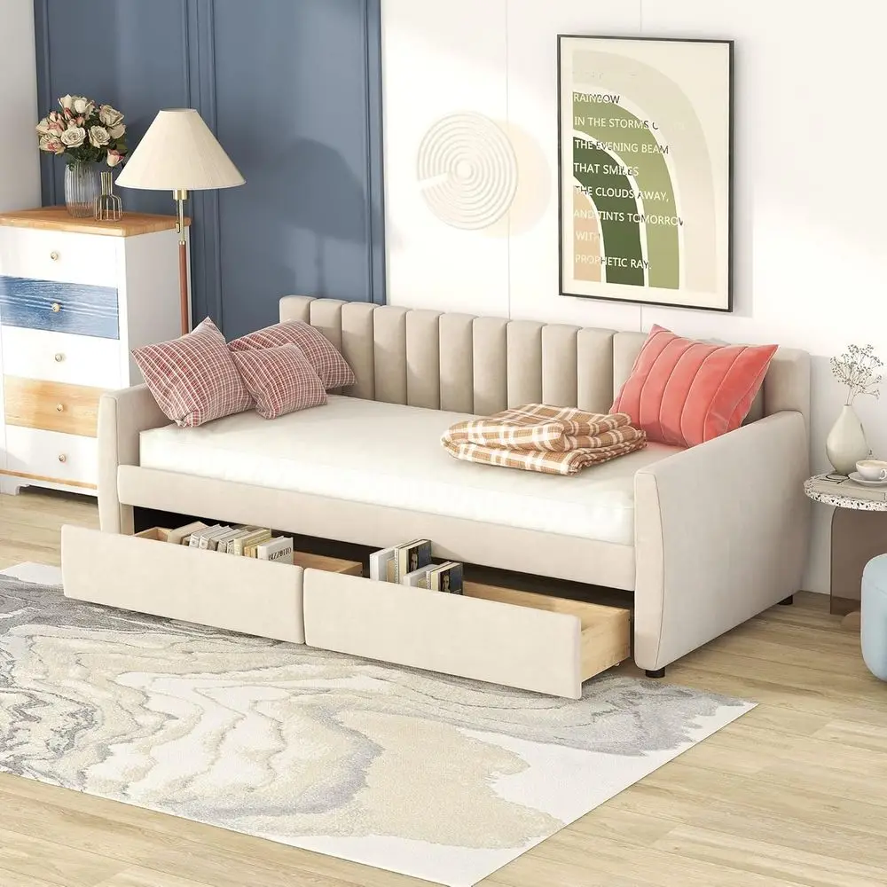 Twin Size Beige Daybed with Upholstered Storage and Wood Slat Support