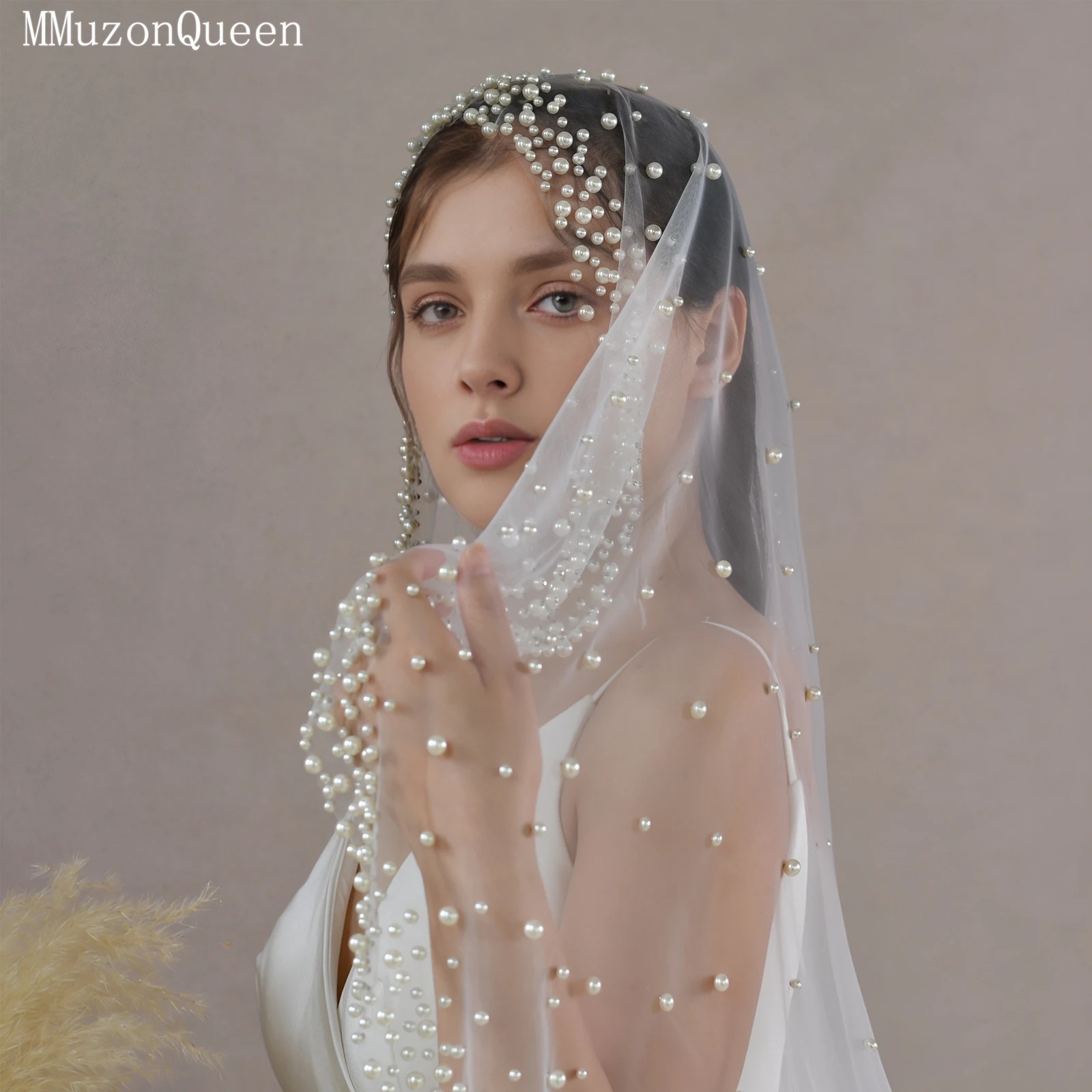 TOPQUEEN V263 Ins Hot Sale Handmade Factory Ivory Soft Tulle Pearl Bridal Veil Custom Vintage Evenly Distributed Pearls