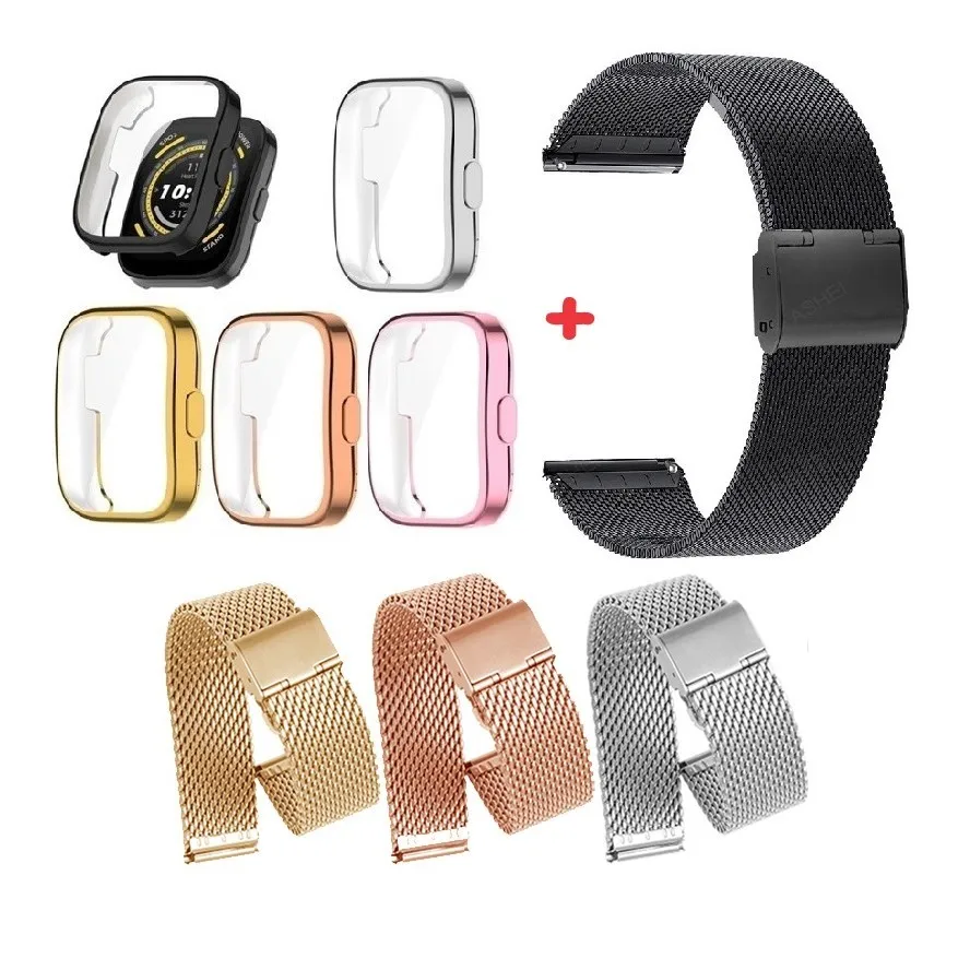 Huami Amazfit Bip5 / Bip3 GTS3 GTS4 GTS2 GTS2E GTS 2 3 4 Bip 5 3 금속 시계 밴드 용 스테인레스 스틸 스트랩 + 소프트 Tpu 케이스