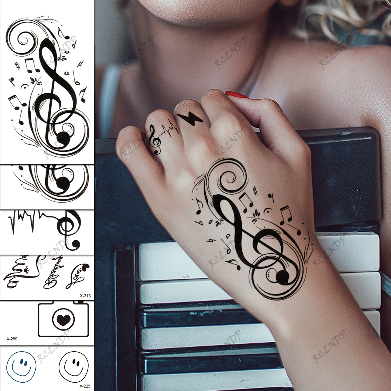 Autoadesivo del tatuaggio temporaneo impermeabile nota musicale faccia sorridente fotocamera d\'amore falso Tatto Flash Tatoo Tato per ragazza donna