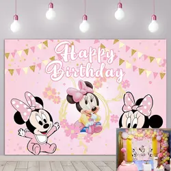 Fondo de fotografía para fiesta de 1er cumpleaños de Minnie Mouse de dibujos animados rosas de Disney, decoración de mesa de pastel para Baby Shower para niñas