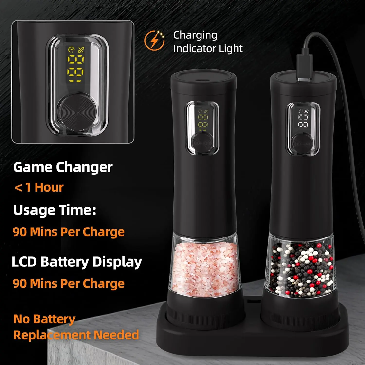 Automatic Electric Salt and Pepper Grinder Set Digital Display Rechargeable Spice Mills Pepper Grinders with Base Large Capacity