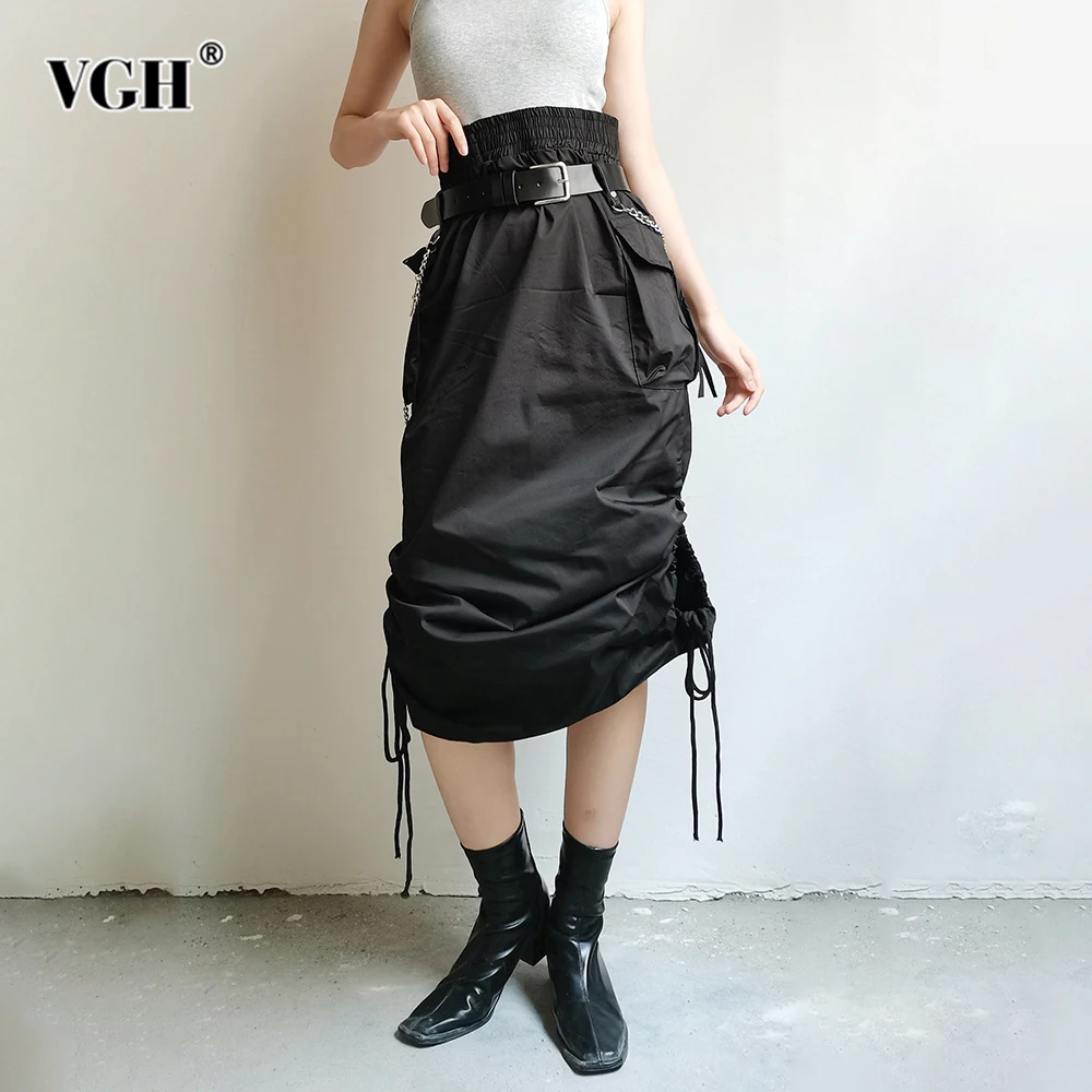 

VGH Solid Patchwork Pockets Casual Skirts For Women High Waist Spliced Lace Up Minimalist Loose Skirt Female Fashion Style New