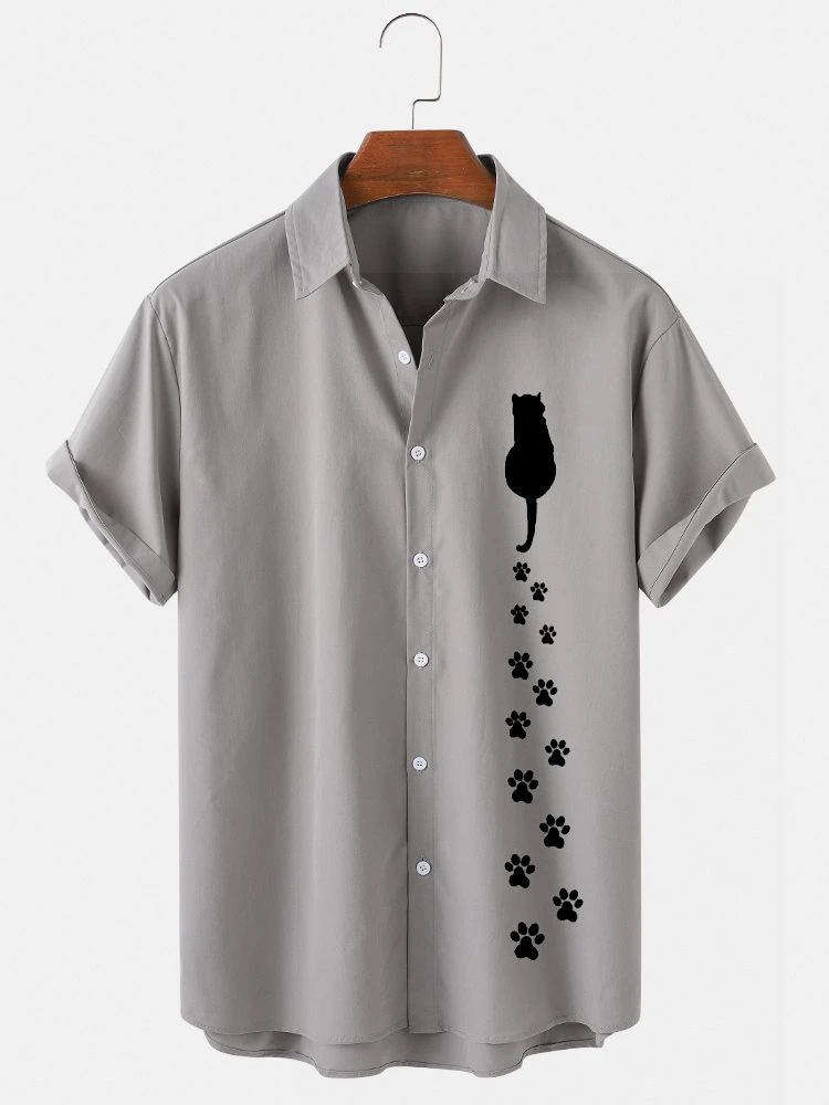 Cat's Footprint Print Men's Short Sleeve Shirt Hawaiian Men's Lapel Top 2026 New Large Size Casual Men's Shirt