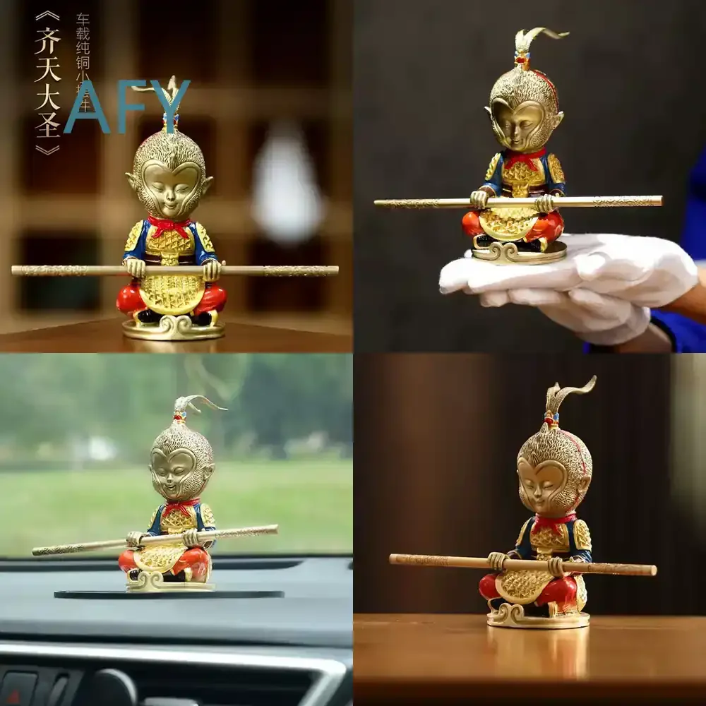Brass Monkey King Sun Wukong Figurine Decorative Sculpture for Home Desk Decoration Gift with Golden Cudgel for All