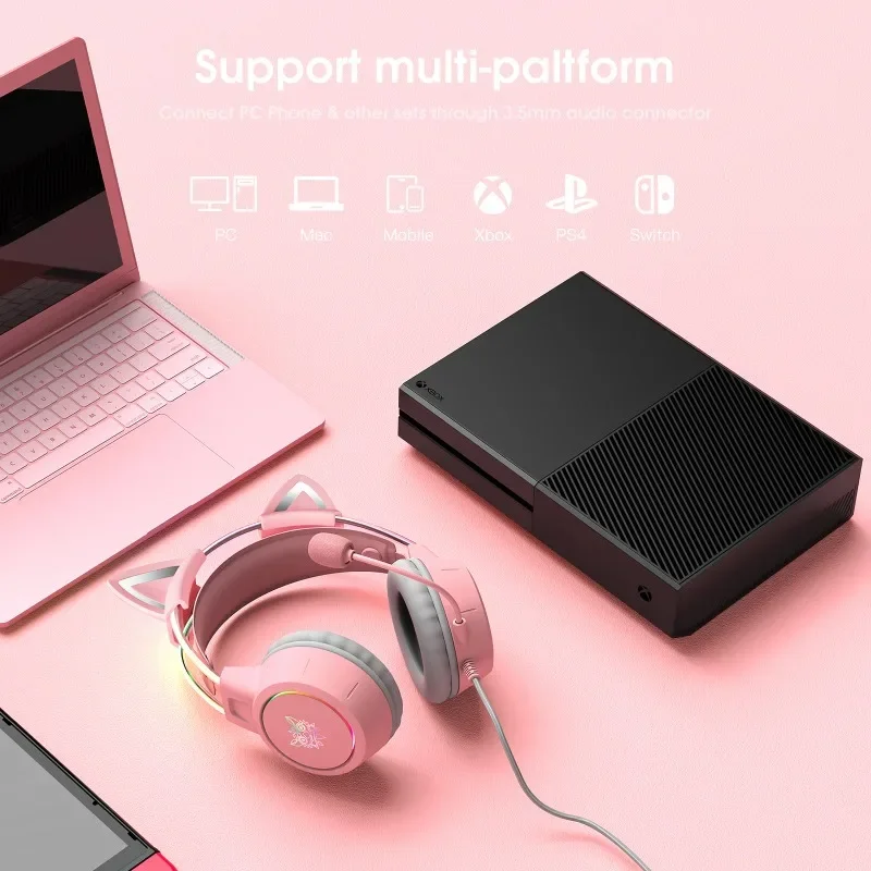 ONIKUMA X15PRO Headphones Pink Removable Cat Ears Wired Headset Gamer with RGB Light Noise Cancel Mic Stereo Gaming Earphone