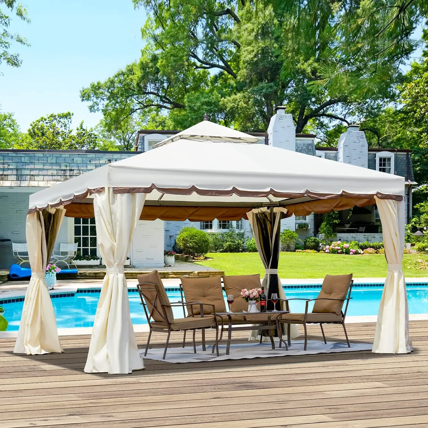 Shelter Canopy Pop Up, 10x12FT Double Roof Patio Gazebo Steel Frame with Netting and Shade Curtains, Shade Canopy