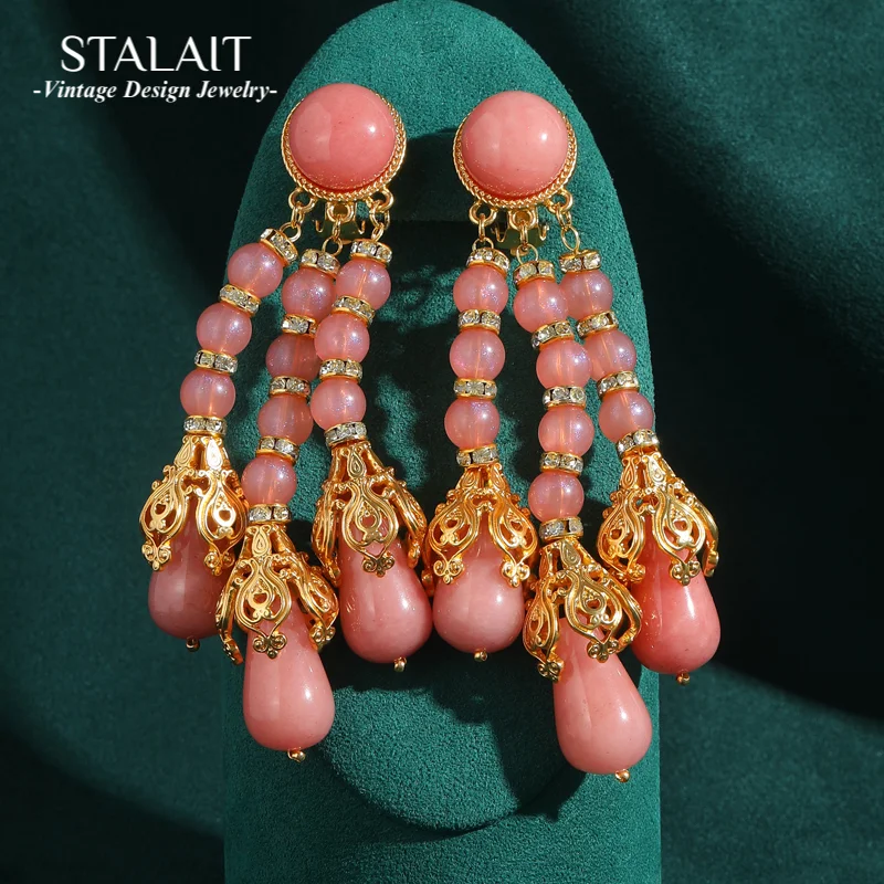 

Vintage Rose Quartz Pink Earrings For Woman Long Statement Large Crystal Coral Water Drop Luxury Designer Jewelry Gold Color