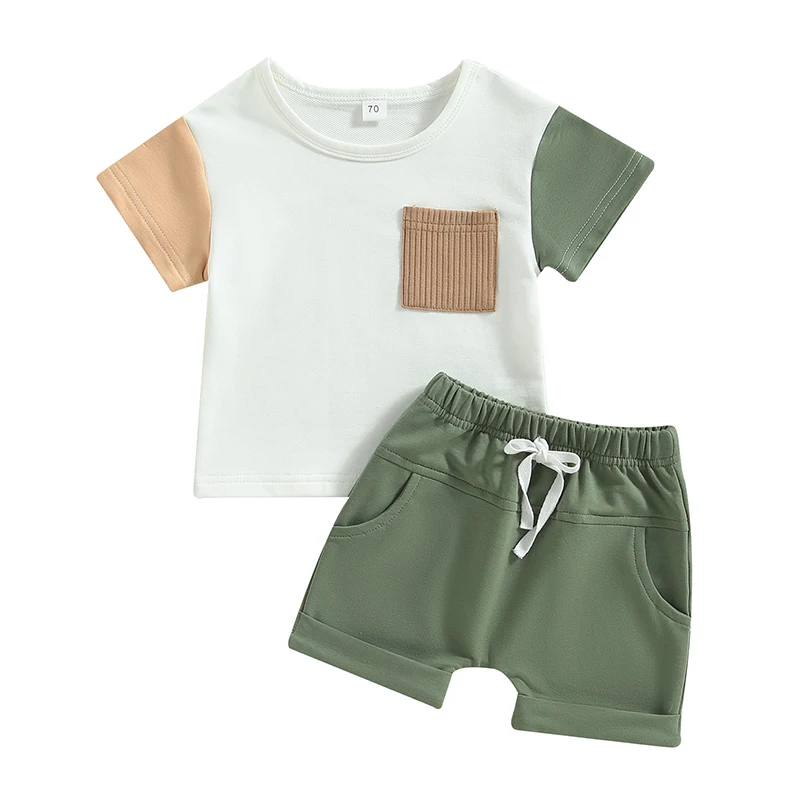 2023-04-06 Lioraitiin 0-3Years Toddler Baby Boy 2Pcs Summer Outfits Short Sleeve Contrast Color T-Shirt Pocket Shorts Set