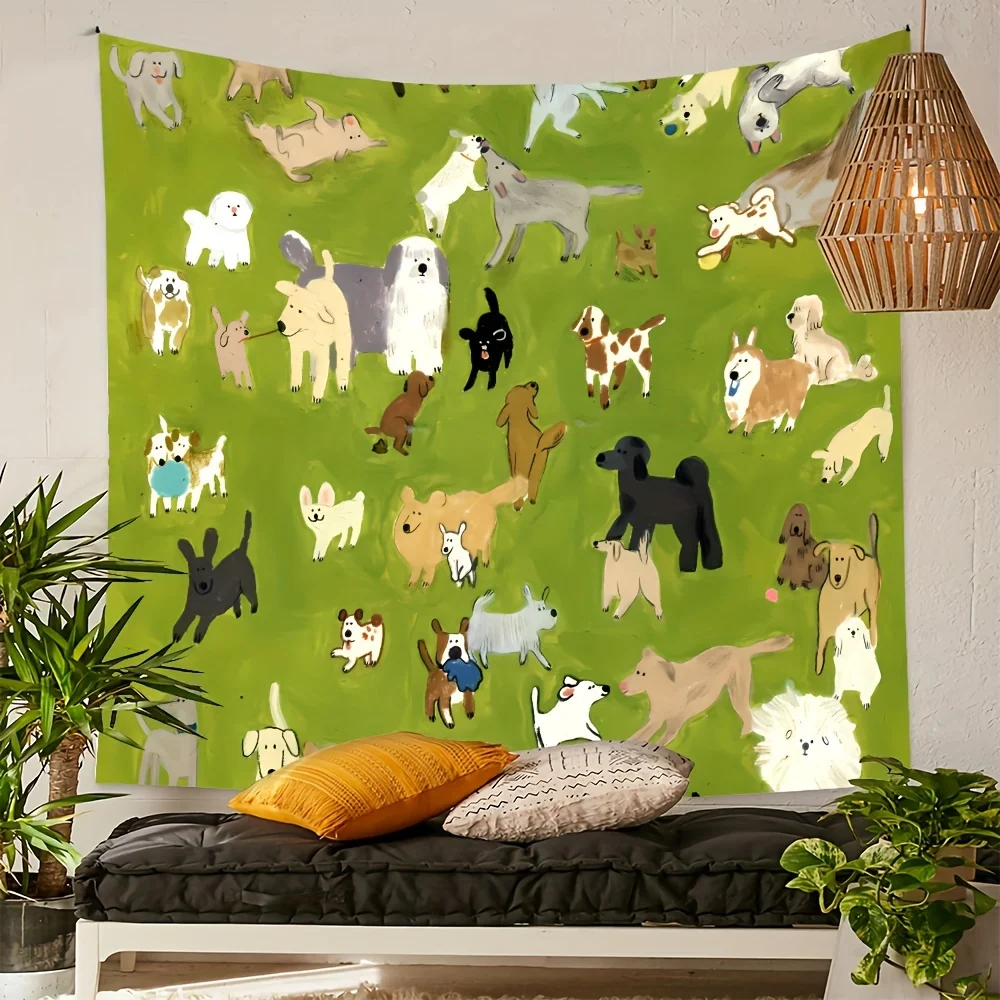 VIKAMA الكرتون الحيوانات الأليفة نسيج خلفية خضراء جديدة مع تصميم متعدد السلالات الكلب غرفة المعيشة أريكة خلفية جدار ديكور الغرفة