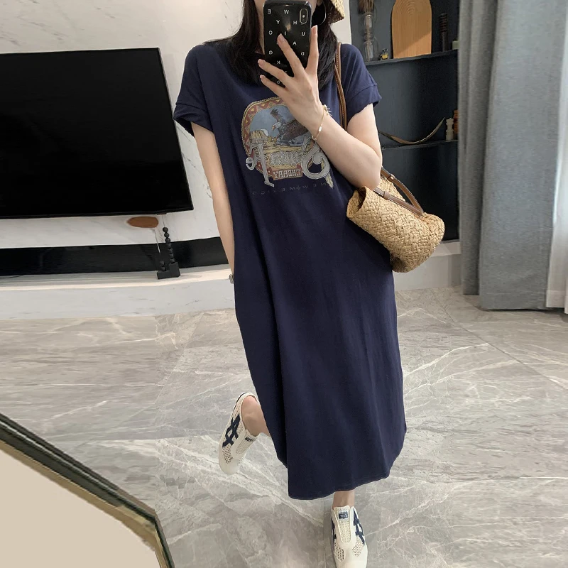 American Retro Summer Short Sleeve Eagle Print Long Knee-Length T-Shirt Dress Women round Neck Loose Trendy Casual Dress