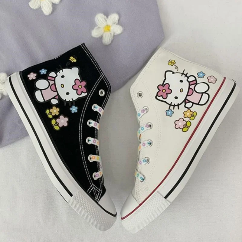 Hello Kitty Canvas Shoes Teenager Tennis Shoes Girls High-Top Basket Shoes Women Kitty Cat Casual Sneakers Sanrio Anime Shoes