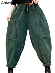 Amax luluE 2024 Winter Fashion Korean Womens Loose Fur Warm Corduroy Pants Ladies Classic Leisure Vintage Thicken Harem Trousers