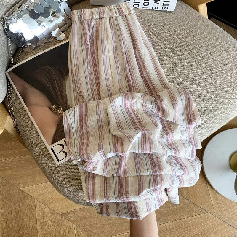 

Loose Fit High Waist Wide Leg Cotton Linen Thin Summer Pants Women's Long Trousers Vertical Stripes Comfortable Feel