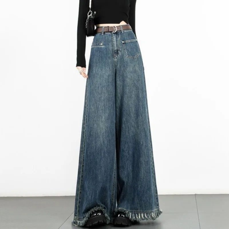 

Широкие джинсы для женщин, весенне-осенние универсальные драпированные брюки с высокой талией, закрывающие тело, прямые брюки для похудения, модные