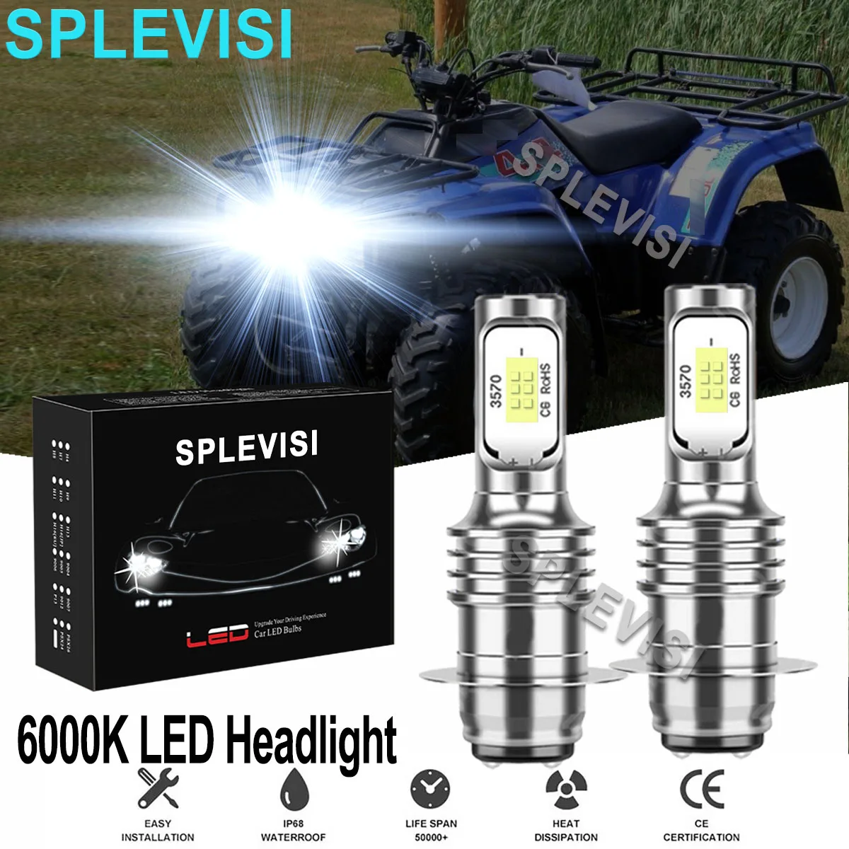 

2x70W Pure White LED Headlight Bulbs 6000K Kit For Kawasaki Bayou KLF220 KLF250 KLF300 1988 1989 1990 1991 1992 1993 1994-2009